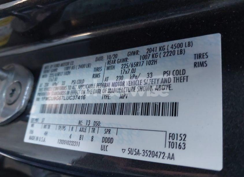 Photo 9 of 2020 Ford Escape SE (VIN 1FMCU9G67LUC37416)