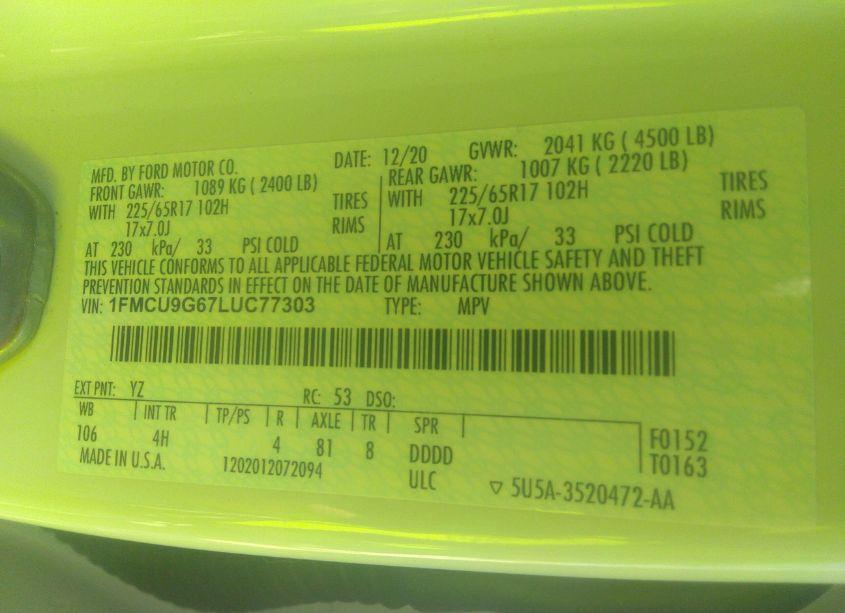 Photo 9 of 2020 Ford Escape SE (VIN 1FMCU9G67LUC77303)