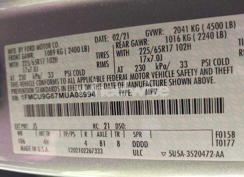 Photo 9 of 2021 Ford Escape SE (VIN 1FMCU9G67MUA08994)