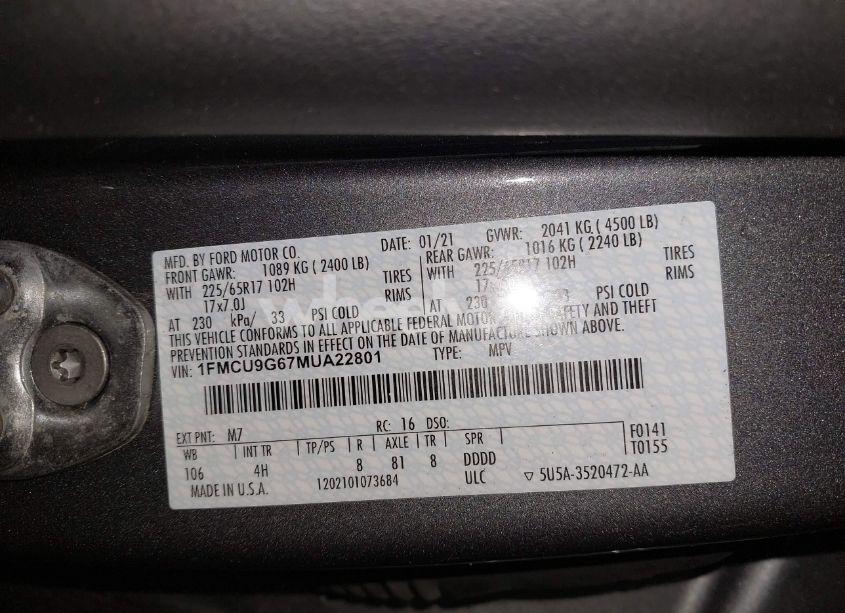 Photo 9 of 2021 Ford Escape SE (VIN 1FMCU9G67MUA22801)