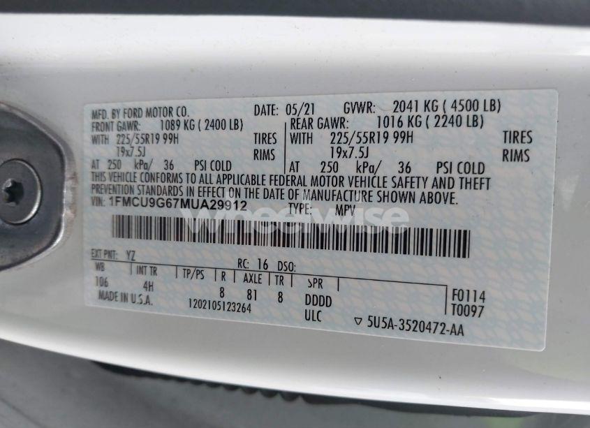 Photo 9 of 2021 Ford Escape SE (VIN 1FMCU9G67MUA29912)