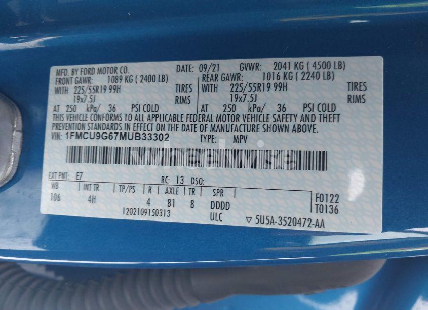 Photo 9 of 2021 Ford Escape SE (VIN 1FMCU9G67MUB33302)