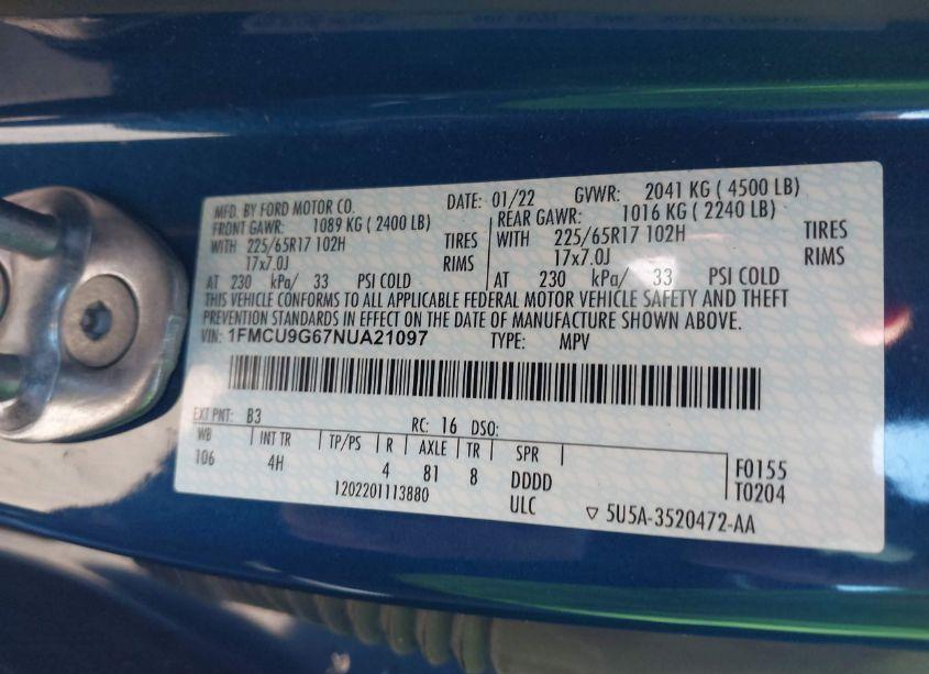 Photo 9 of 2022 Ford Escape SE (VIN 1FMCU9G67NUA21097)