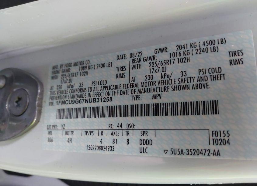 Photo 9 of 2022 Ford Escape SE (VIN 1FMCU9G67NUB31258)