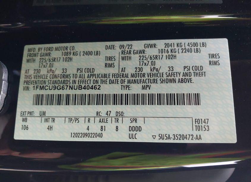 Photo 9 of 2022 Ford Escape SE (VIN 1FMCU9G67NUB40462)