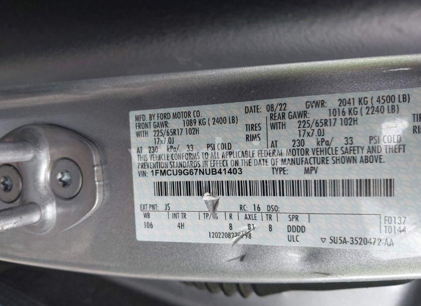 Photo 9 of 2022 Ford Escape SE (VIN 1FMCU9G67NUB41403)
