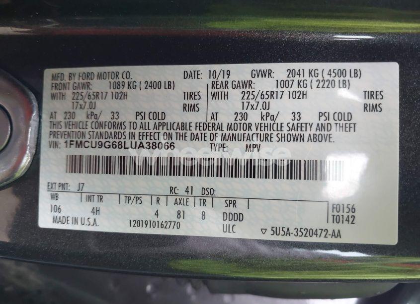 Photo 9 of 2020 Ford Escape SE (VIN 1FMCU9G68LUA38066)