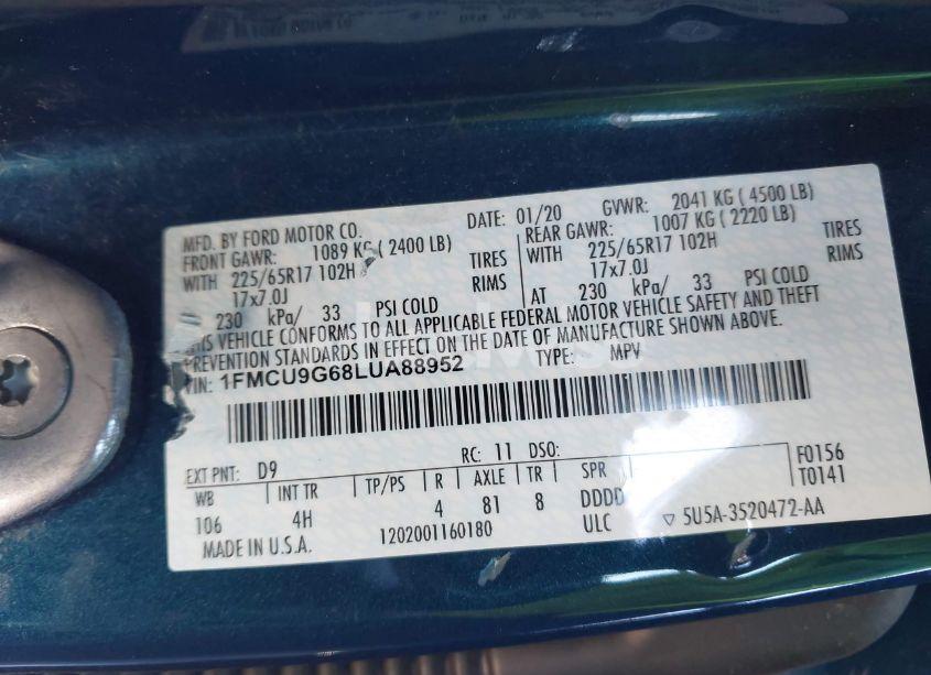 Photo 9 of 2020 Ford Escape SE (VIN 1FMCU9G68LUA88952)