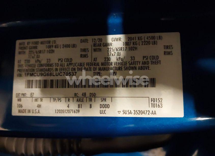 Photo 9 of 2020 Ford Escape SE (VIN 1FMCU9G68LUC70537)