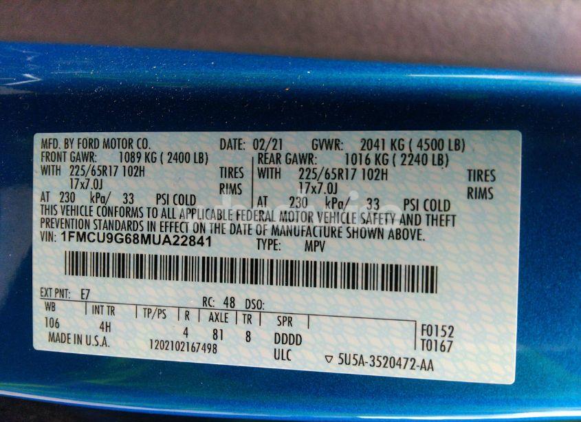 Photo 9 of 2021 Ford Escape SE (VIN 1FMCU9G68MUA22841)