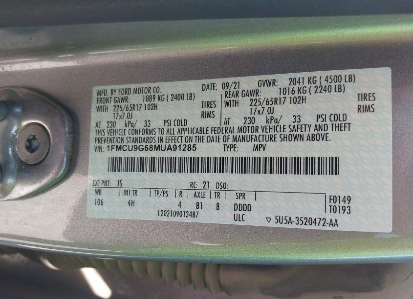 Photo 9 of 2021 Ford Escape SE (VIN 1FMCU9G68MUA91285)