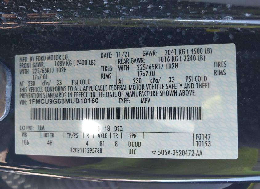 Photo 9 of 2021 Ford Escape SE (VIN 1FMCU9G68MUB10160)