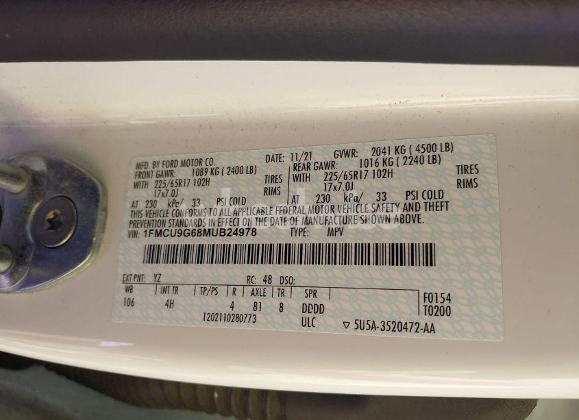 Photo 9 of 2021 Ford Escape SE (VIN 1FMCU9G68MUB24978)