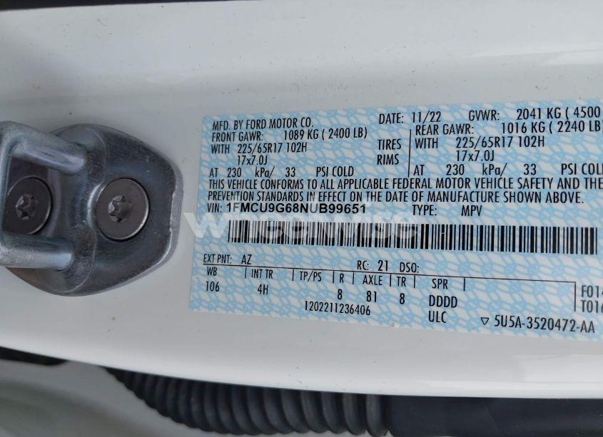 Photo 9 of 2022 Ford Escape SE (VIN 1FMCU9G68NUB99651)