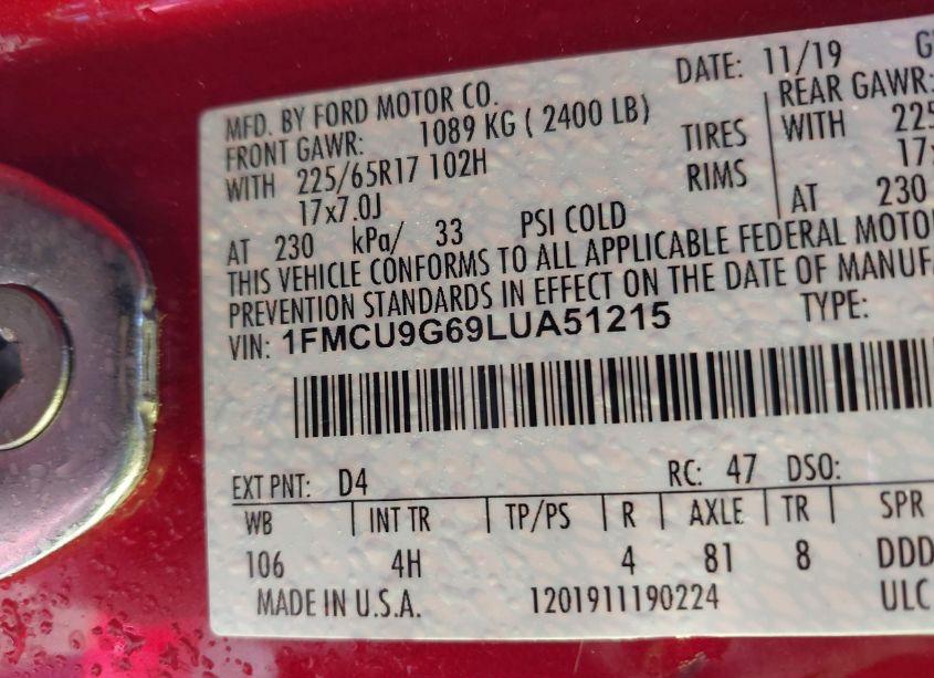 Photo 9 of 2020 Ford Escape SE (VIN 1FMCU9G69LUA51215)