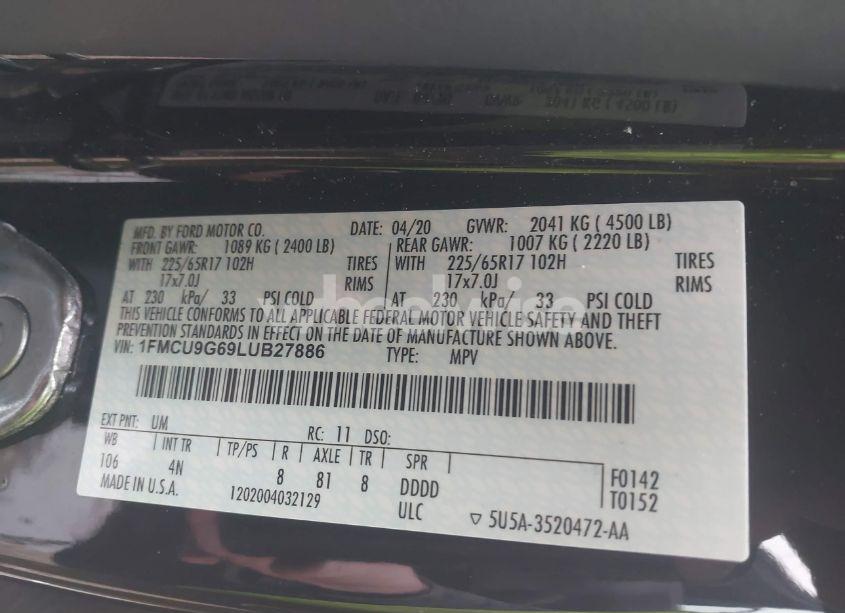 Photo 9 of 2020 Ford Escape SE (VIN 1FMCU9G69LUB27886)