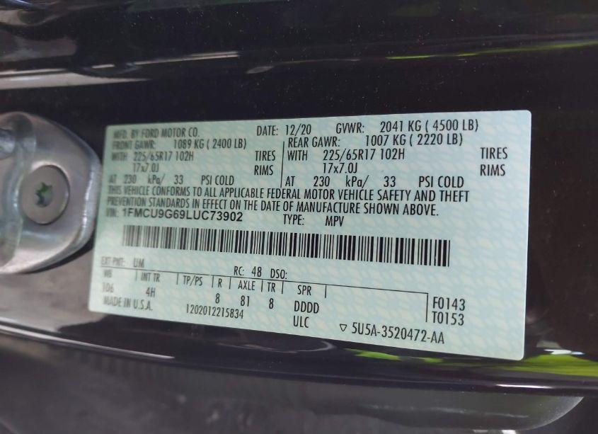 Photo 9 of 2020 Ford Escape SE (VIN 1FMCU9G69LUC73902)