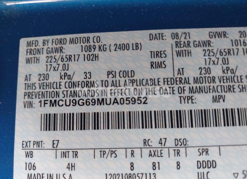 Photo 9 of 2021 Ford Escape SE (VIN 1FMCU9G69MUA05952)