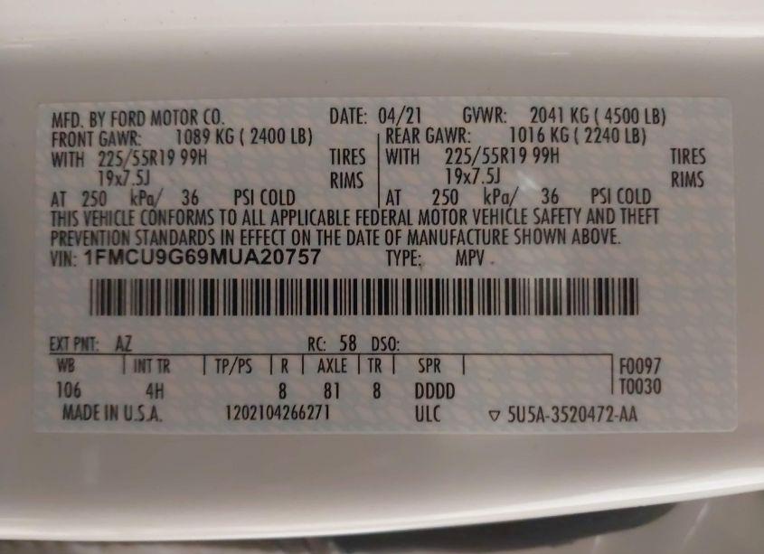 Photo 9 of 2021 Ford Escape SE (VIN 1FMCU9G69MUA20757)