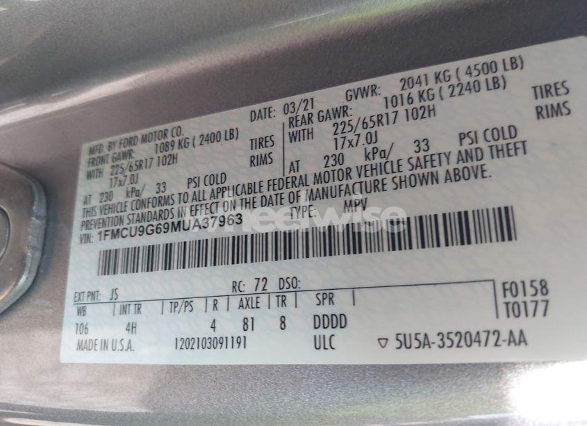 Photo 9 of 2021 Ford Escape SE (VIN 1FMCU9G69MUA37963)