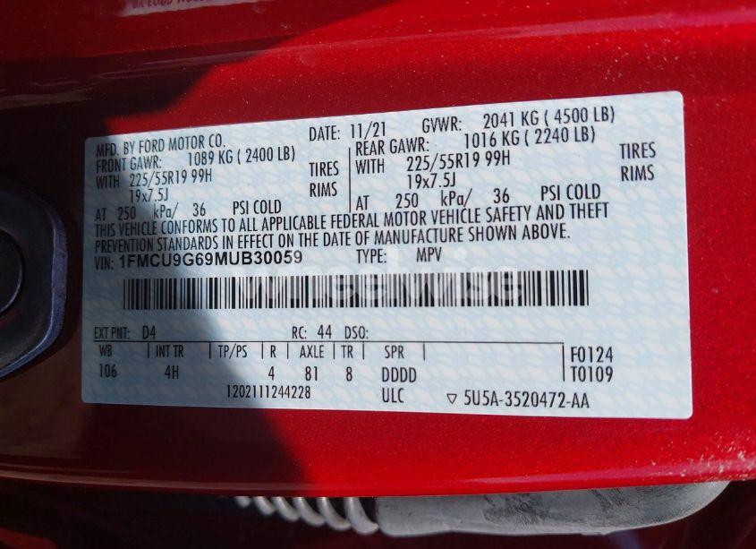 Photo 9 of 2021 Ford Escape SE (VIN 1FMCU9G69MUB30059)