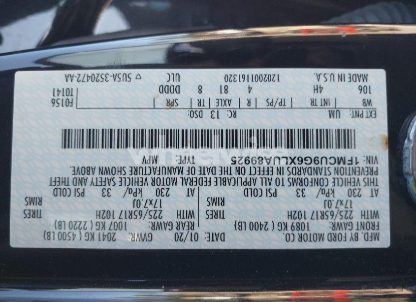 Photo 9 of 2020 Ford Escape SE (VIN 1FMCU9G6XLUA89925)