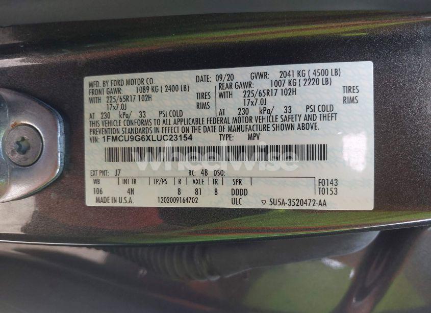 Photo 9 of 2020 Ford Escape SE (VIN 1FMCU9G6XLUC23154)