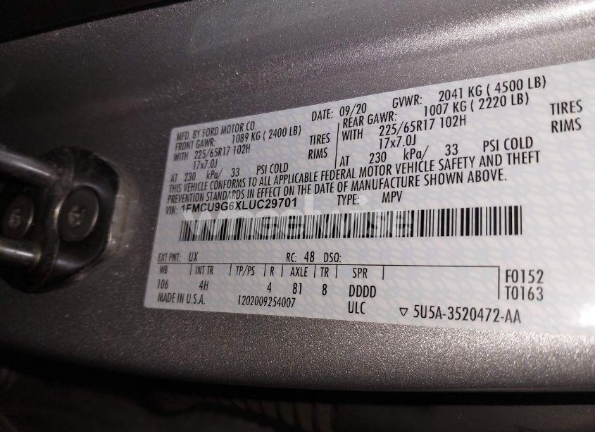 Photo 9 of 2020 Ford Escape SE (VIN 1FMCU9G6XLUC29701)