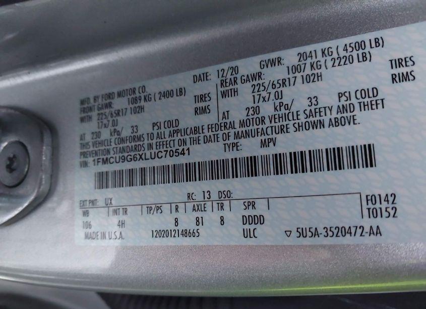 Photo 9 of 2020 Ford Escape SE (VIN 1FMCU9G6XLUC70541)