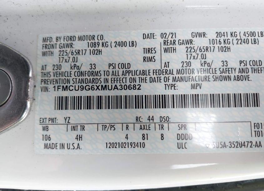 Photo 9 of 2021 Ford Escape SE (VIN 1FMCU9G6XMUA30682)