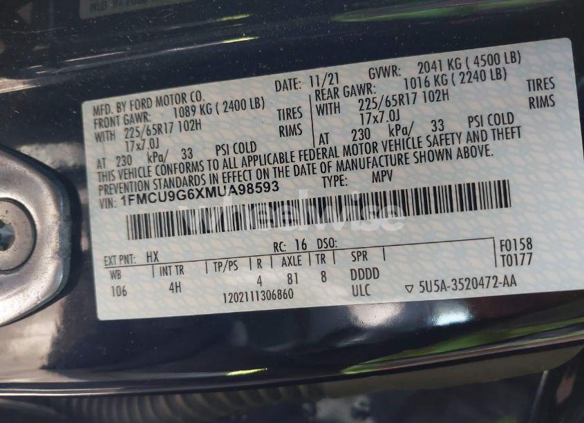 Photo 9 of 2021 Ford Escape SE (VIN 1FMCU9G6XMUA98593)