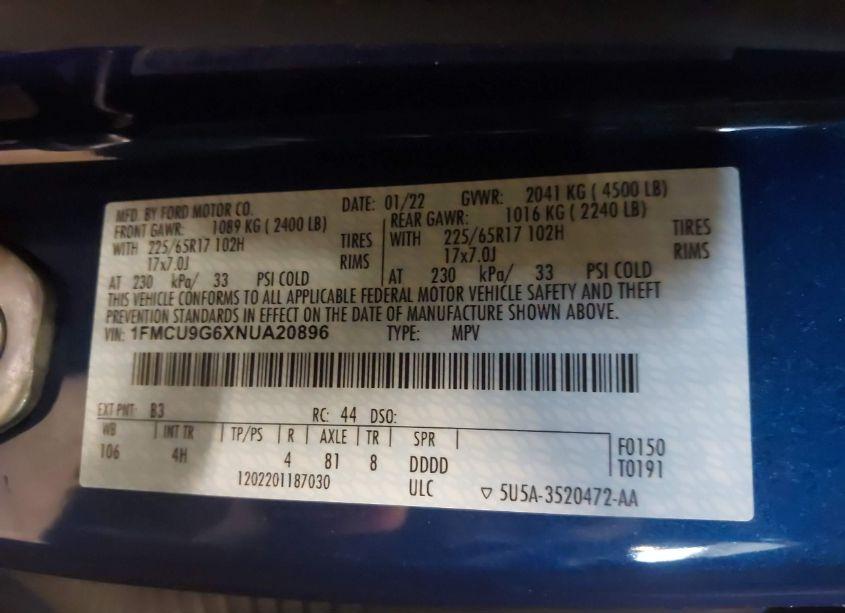 Photo 9 of 2022 Ford Escape SE (VIN 1FMCU9G6XNUA20896)