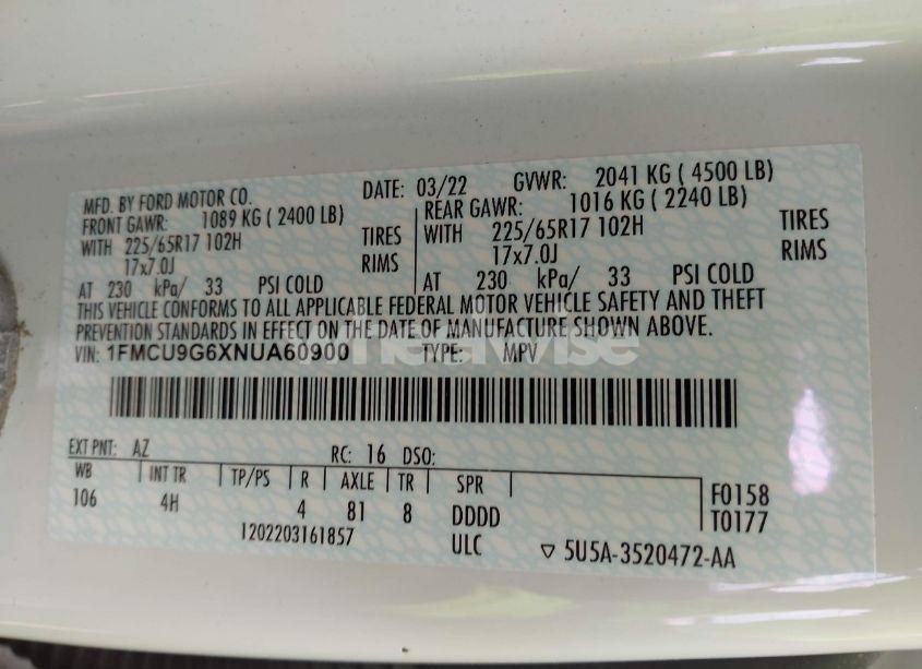 Photo 9 of 2022 Ford Escape SE (VIN 1FMCU9G6XNUA60900)