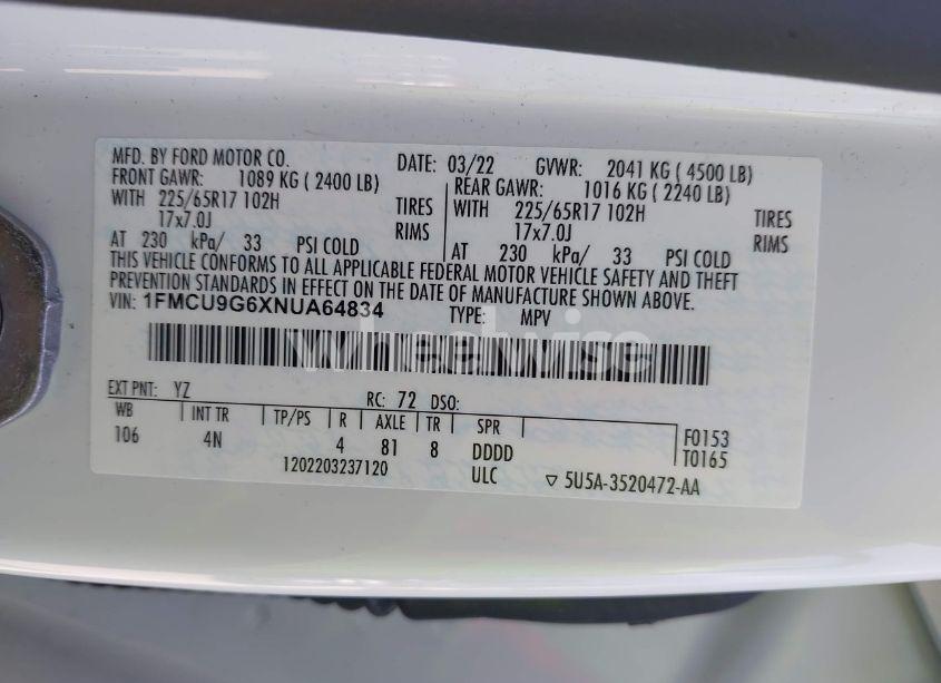 Photo 9 of 2022 Ford Escape SE (VIN 1FMCU9G6XNUA64834)