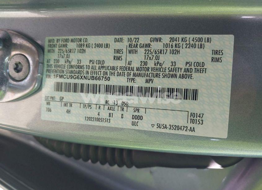 Photo 9 of 2022 Ford Escape SE (VIN 1FMCU9G6XNUB66750)