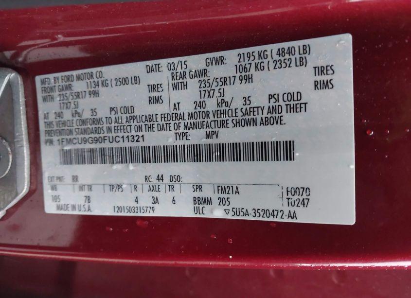 Photo 9 of 2015 Ford Escape SE (VIN 1FMCU9G90FUC11321)