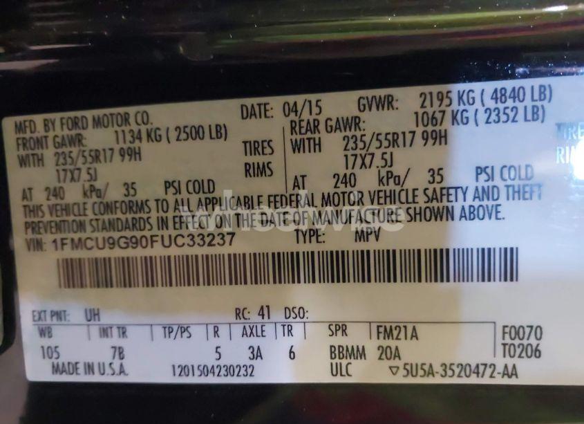 Photo 9 of 2015 Ford Escape SE (VIN 1FMCU9G90FUC33237)