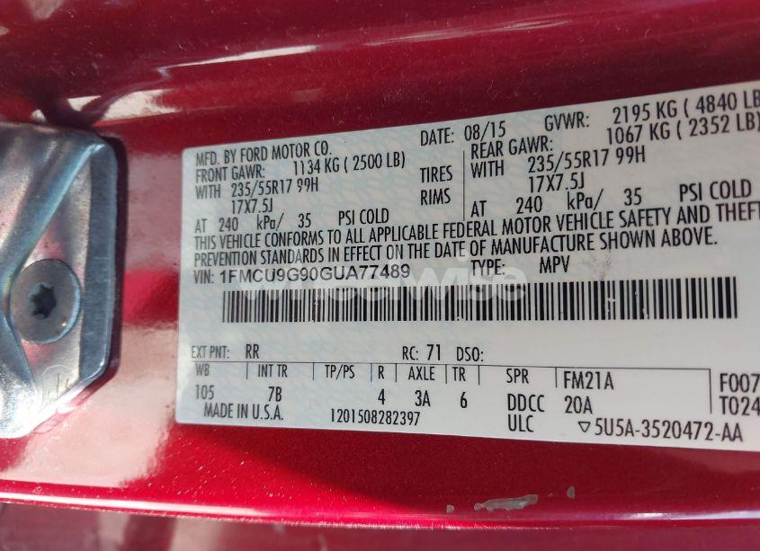 Photo 9 of 2016 Ford Escape SE (VIN 1FMCU9G90GUA77489)