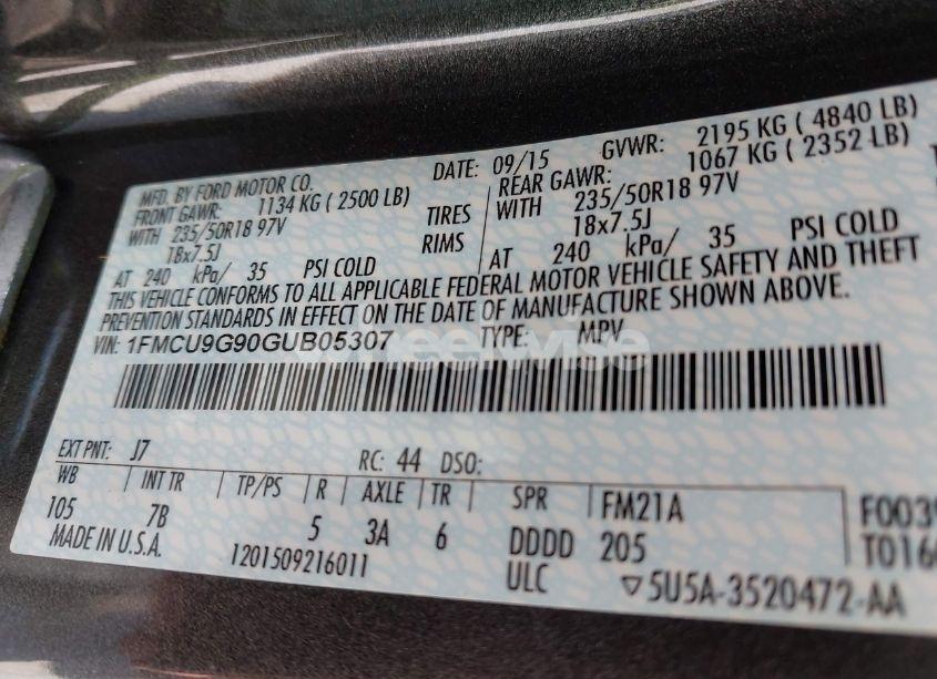 Photo 9 of 2016 Ford Escape SE (VIN 1FMCU9G90GUB05307)