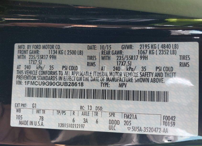 Photo 9 of 2016 Ford Escape SE (VIN 1FMCU9G90GUB28618)