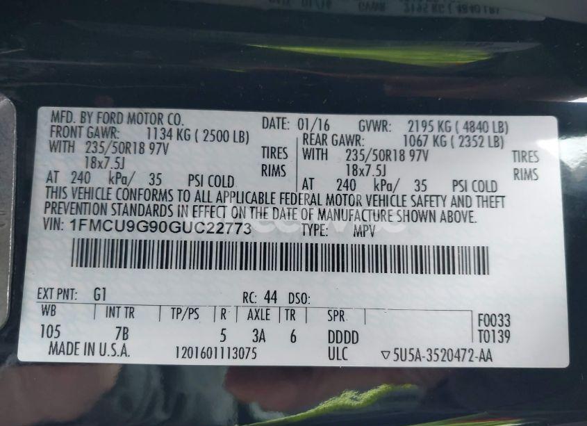 Photo 9 of 2016 Ford Escape SE (VIN 1FMCU9G90GUC22773)