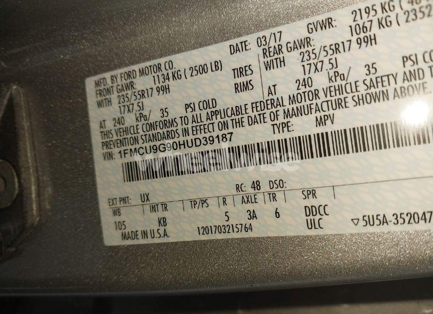 Photo 9 of 2017 Ford Escape SE (VIN 1FMCU9G90HUD39187)