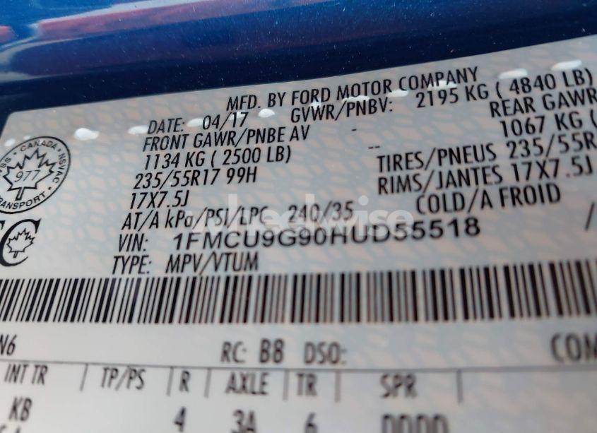 Photo 9 of 2017 Ford Escape SE (VIN 1FMCU9G90HUD55518)