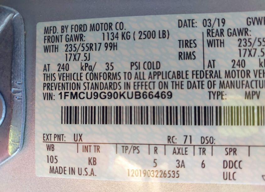 Photo 9 of 2019 Ford Escape SE (VIN 1FMCU9G90KUB66469)