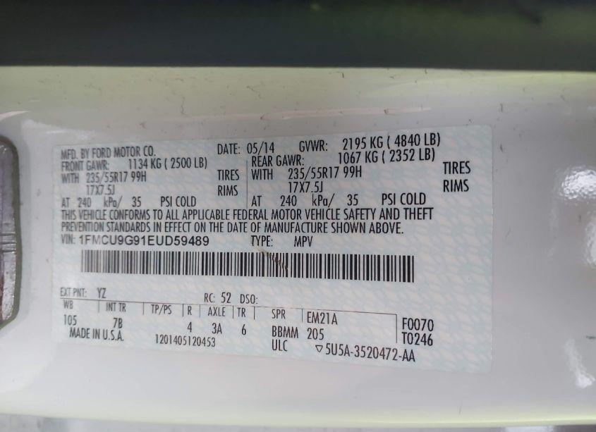 Photo 9 of 2014 Ford Escape SE (VIN 1FMCU9G91EUD59489)