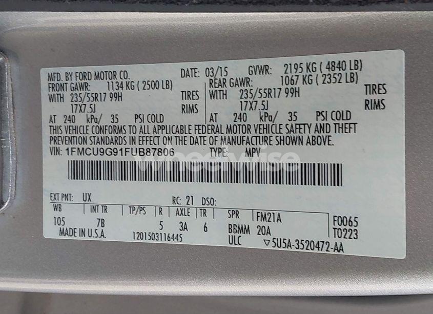 Photo 9 of 2015 Ford Escape SE (VIN 1FMCU9G91FUB87806)