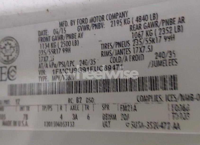 Photo 9 of 2015 Ford Escape SE (VIN 1FMCU9G91FUC69471)