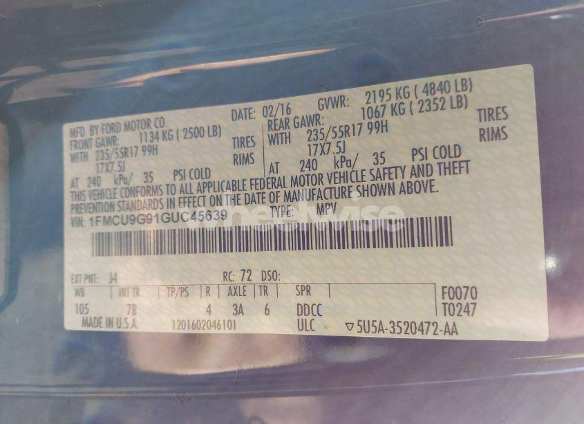 Photo 9 of 2016 Ford Escape SE (VIN 1FMCU9G91GUC45639)