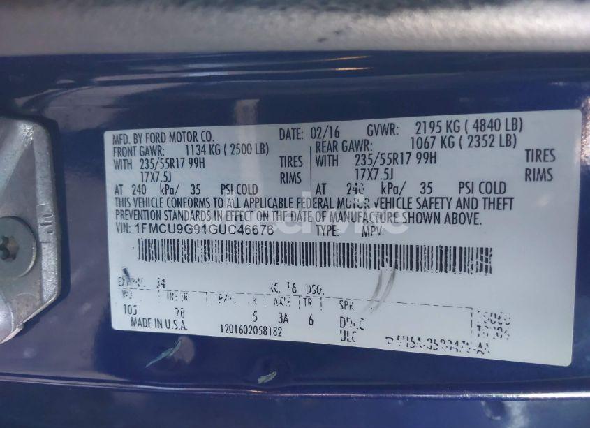 Photo 9 of 2016 Ford Escape SE (VIN 1FMCU9G91GUC46676)