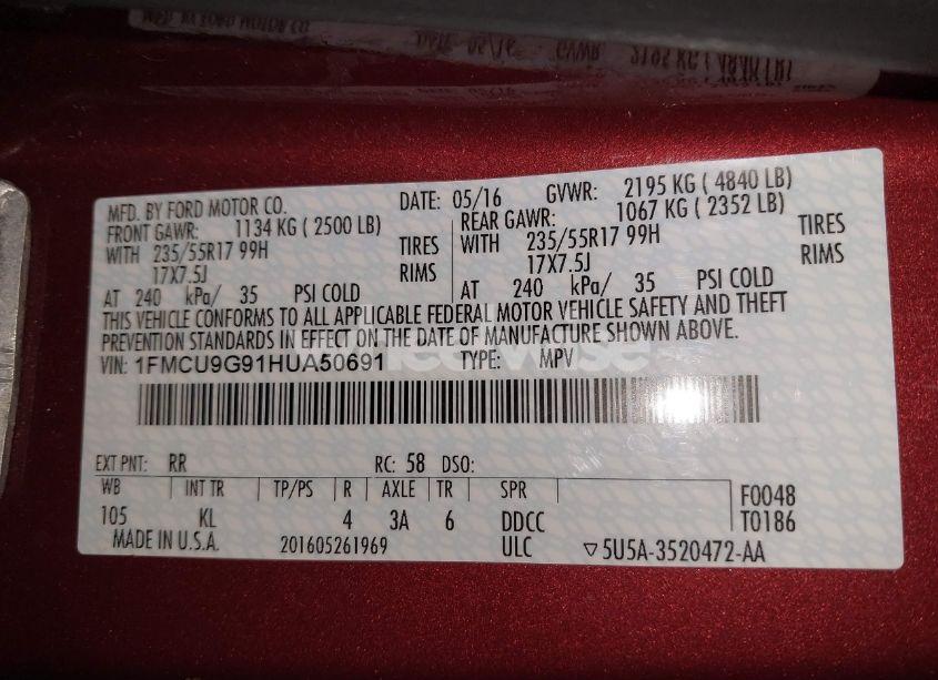 Photo 9 of 2017 Ford Escape SE (VIN 1FMCU9G91HUA50691)